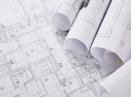 Plans of building. Architectural project background. Floor plan designed building on drawing, copy space