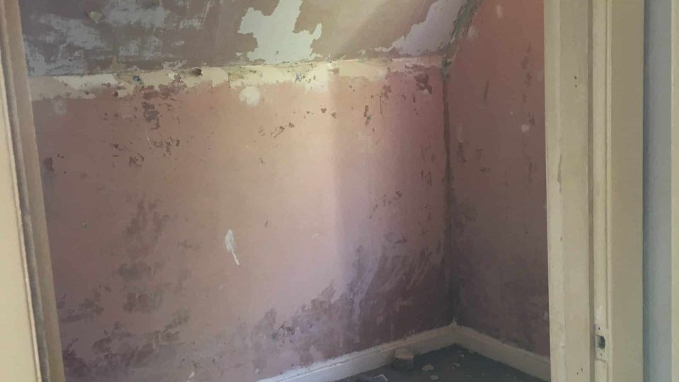 Carpet and wallpaper removed from the bedroom